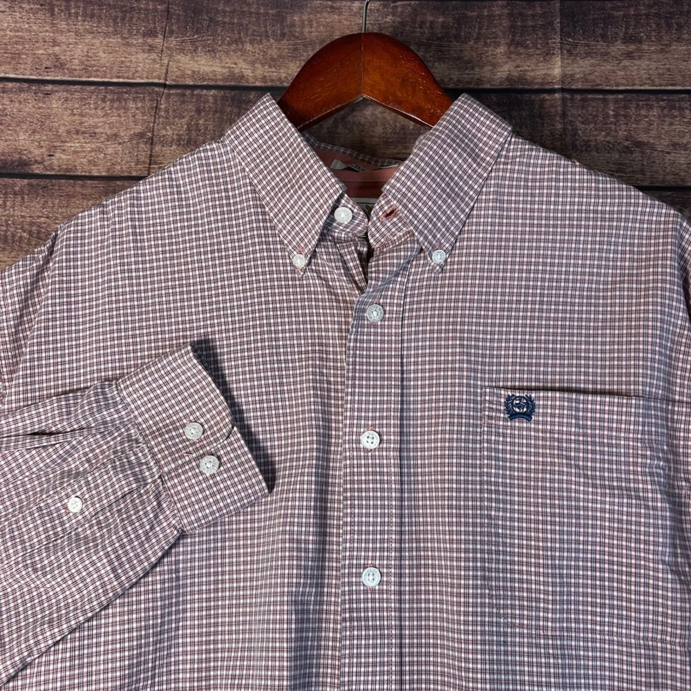 Cinch Mens Large Pink White Micro Plaid Long Sleeve Western Button Down Shirt